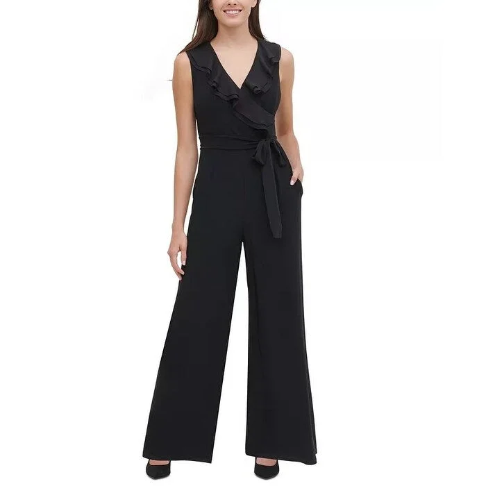 women's jumpsuits for travelTommy Hilfiger Women's Ruffled Wide-Leg Jumpsuit Black Size 14