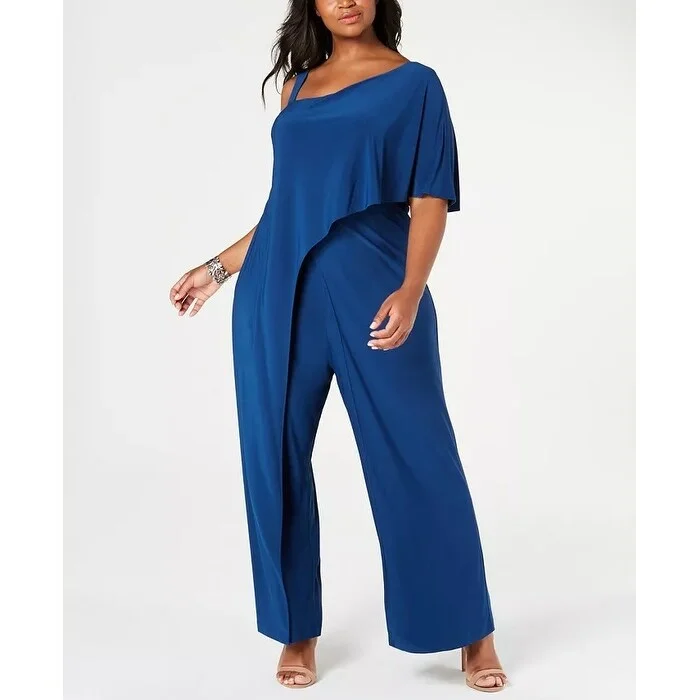 women's jumpsuits for machine-washable fabricsR & M Richards Women's Plus One Shoulder Jumpsuit Blue Size 22W