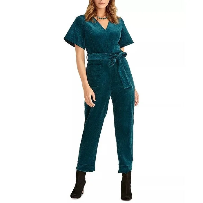 women's jumpsuits with bow tiesRachel Roy Women's Ribbed Velvet Jumpsuit Bright Blue Size 8