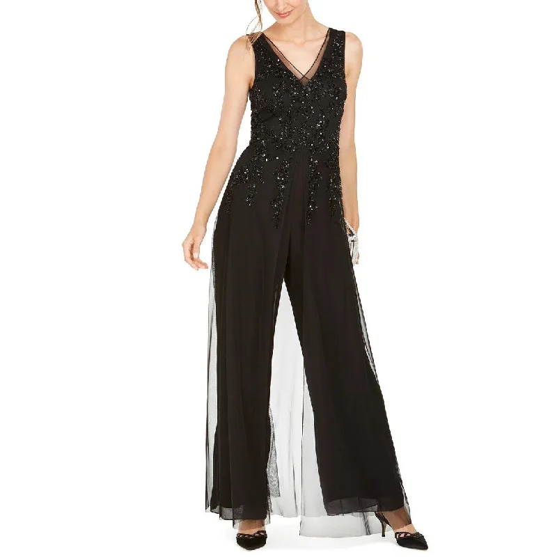 women's jumpsuits with buttonsAdrianna Papell Women's Embellished Wide Leg Jumpsuit Black Size 10 Petite - 10 Petite