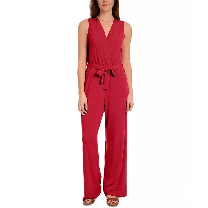 women's jumpsuits for plus-size figuresNY Women's Collection Petite Surplice Wide-Leg Jumpsuit Red Size Petite Small - Petite-Small