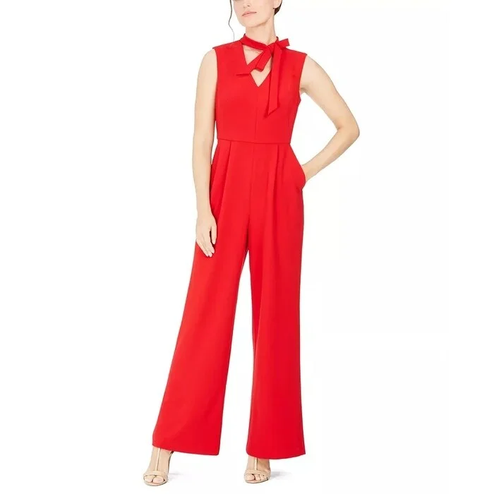 women's jumpsuits with off-the-shoulder sleevesCalvin Klein Women's Tie-Neck Scuba Crepe Jumpsuit Medium Red Size 10