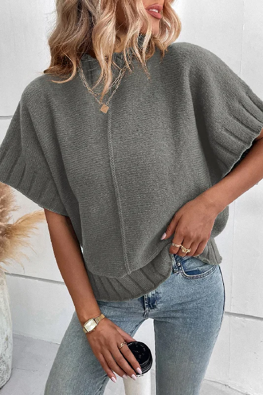 women's tops for those who want to add a bit of flair and personality to their looksMedium Grey Mock Neck Batwing Short Sleeve Knit Sweater