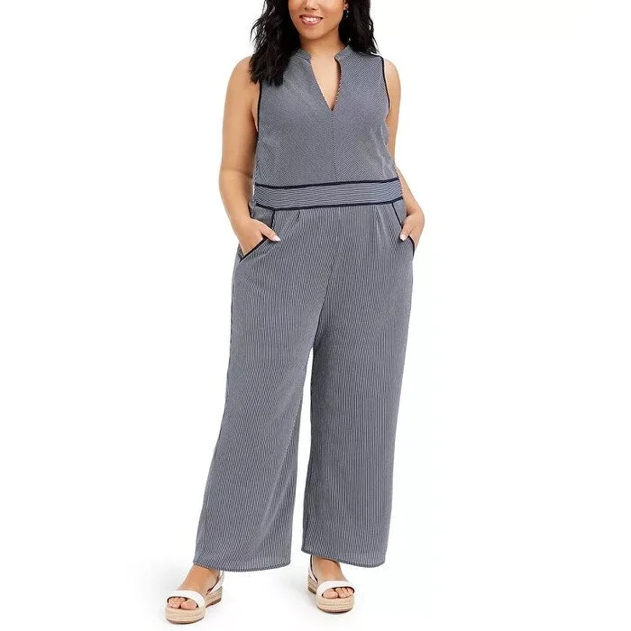 women's jumpsuits for date nightsMonteau Women's Trendy Plus Size Striped Keyhole Jumpsuit Navy Size 3X