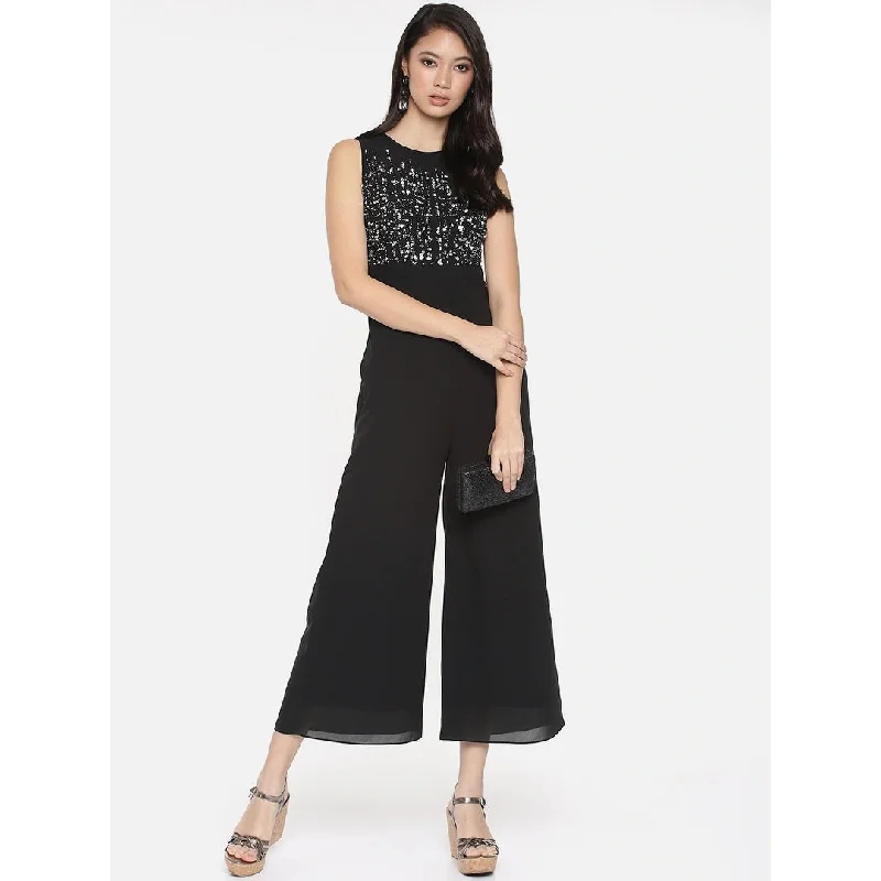 women's jumpsuits with spaghetti strapsConnected Women's Glitter Illusion Wide-Leg Jumpsuit Black Size 10