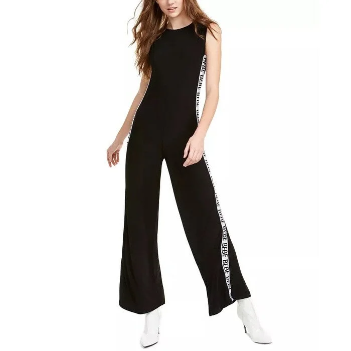 women's jumpsuits for all-day comfortBebe Women's Logo Stripe Jumpsuit Black Size Large