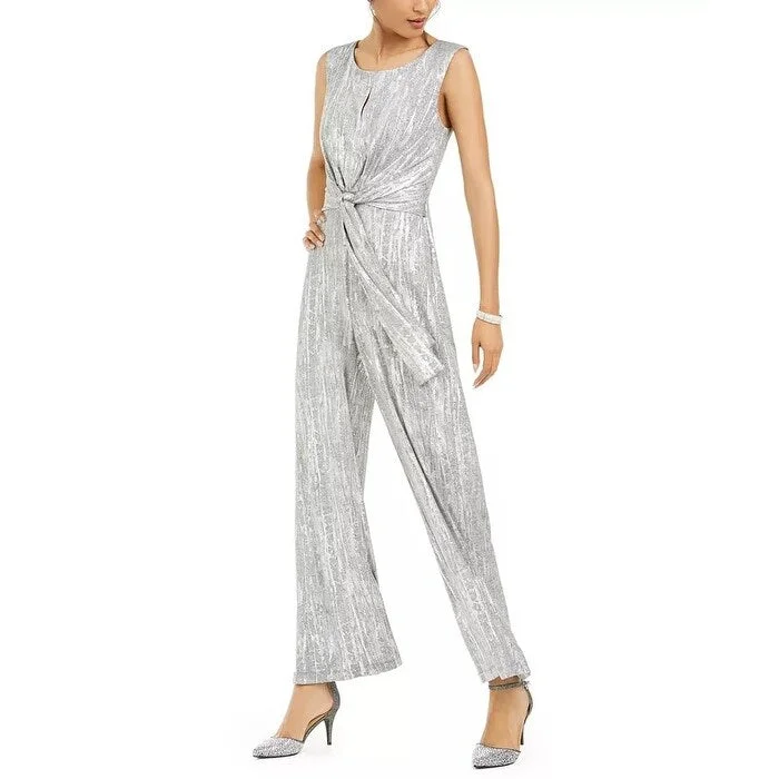 women's jumpsuits for statement fashionConnected Women's Keyhole Tie-Waist Jumpsuit Silver Size 10