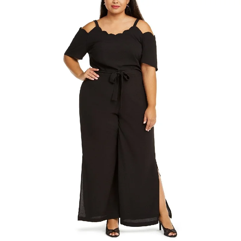 women's jumpsuits for sustainable fashionMonteau Women's Plus Size Trendy Scalloped Jumpsuit Black Size 3X