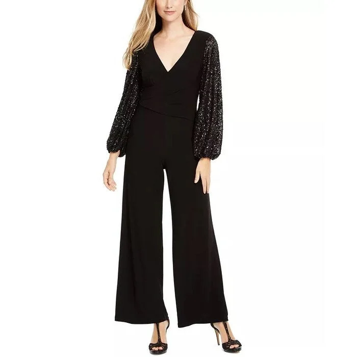 women's jumpsuits for yogaAdrianna Papell Women's Sequin Sleeve Jumpsuit Black Size 8