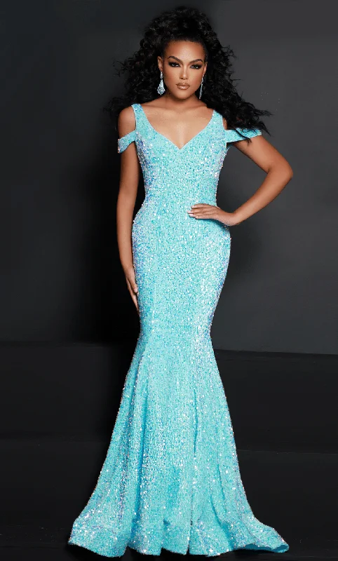 women's flutter-sleeved dressesJohnathan Kayne 2678 -Sequined V-Neck Evening Gown