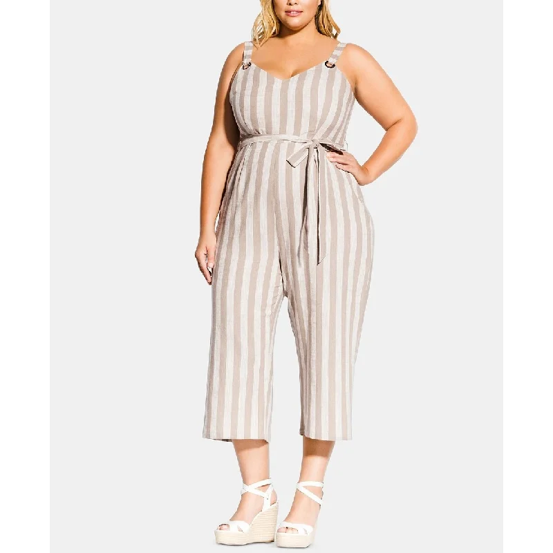 women's jumpsuits for bohemian chicCity Chic Women's Trendy Plus Size Carmine Striped Cropped Jumpsuit Gray Size 24W