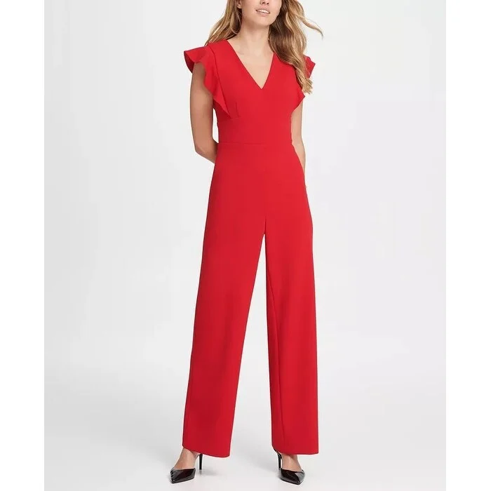 women's jumpsuits with belt loopsDKNY Women's Ruffle Detail Jumpsuit Red Size 16