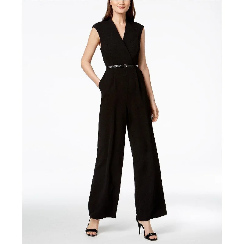 women's jumpsuits with flutter sleevesCalvin Klein Women's Belted Cap-Sleeve Jumpsuit Black Size 4