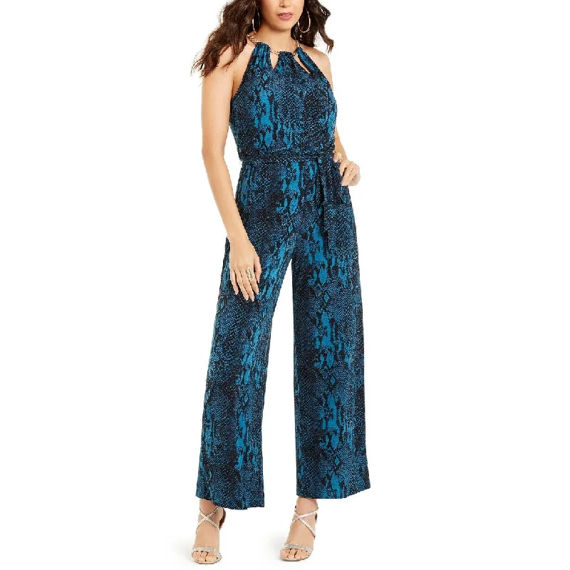 women's jumpsuits with round necksThalia Sodi Women's Floral-Print Chain-Neck Jumpsuit Turq/Aqua Size Small