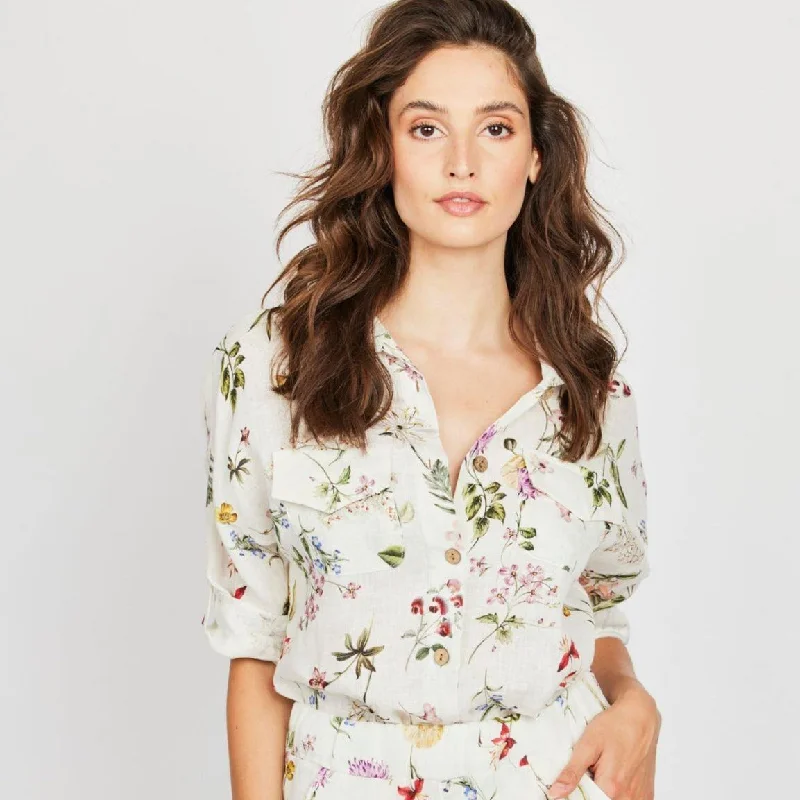 trendy women's topsDouble Pocket Linen Blouse (Wild Flower Print)