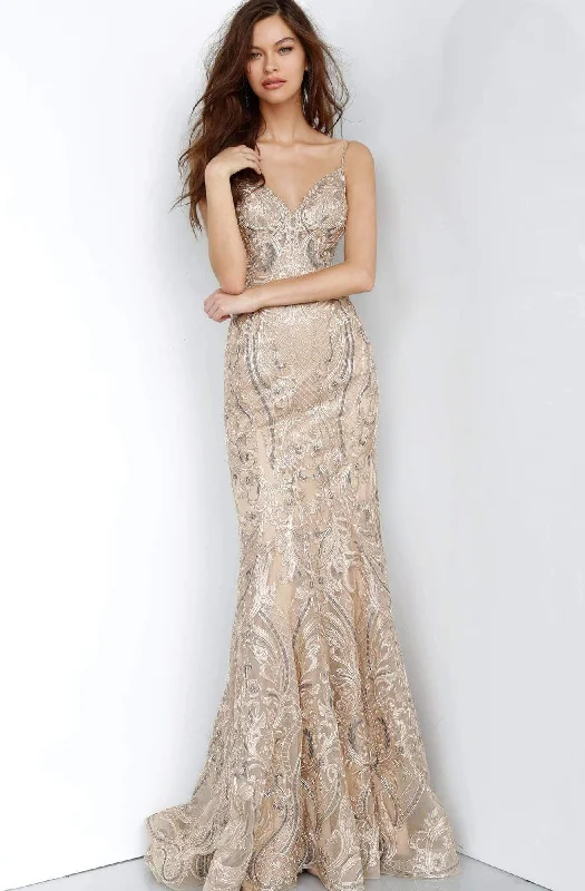 women's petite dressesJovani - JVN00916 Embroidered Trumpet Evening Dress