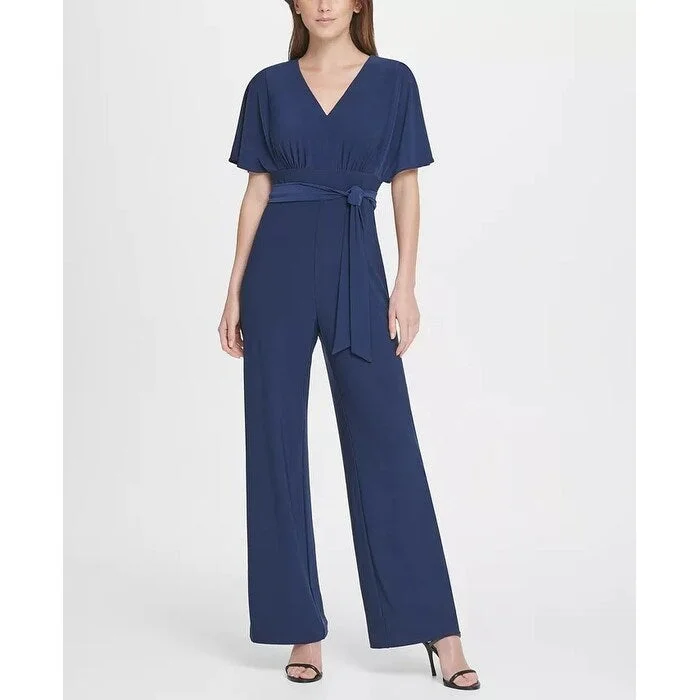 women's jumpsuits for beach outingsDKNY Women's Flutter Sleeve V Neck Jersey Jumpsuit Blue Size 10