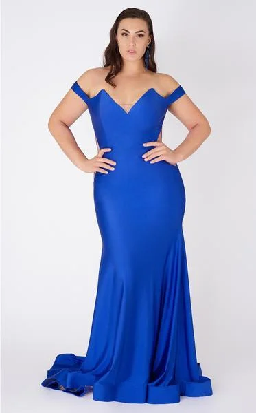 women's everyday dressesMNM COUTURE - L0044SC V-Neck Off-Shoulder Mermaid Evening Dress