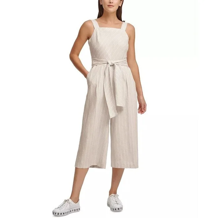 women's chic jumpsuitsDKNY Women's Striped Belted Wide-Leg Jumpsuit White Size Extra Large - X-Large