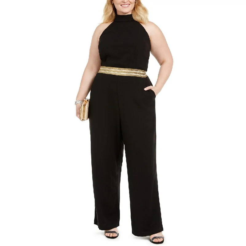 women's jumpsuits for moisture-wicking materialsTeeze Me Women's Trendy Plus Size Banded-Waist Halter Jumpsuit Black Size 16