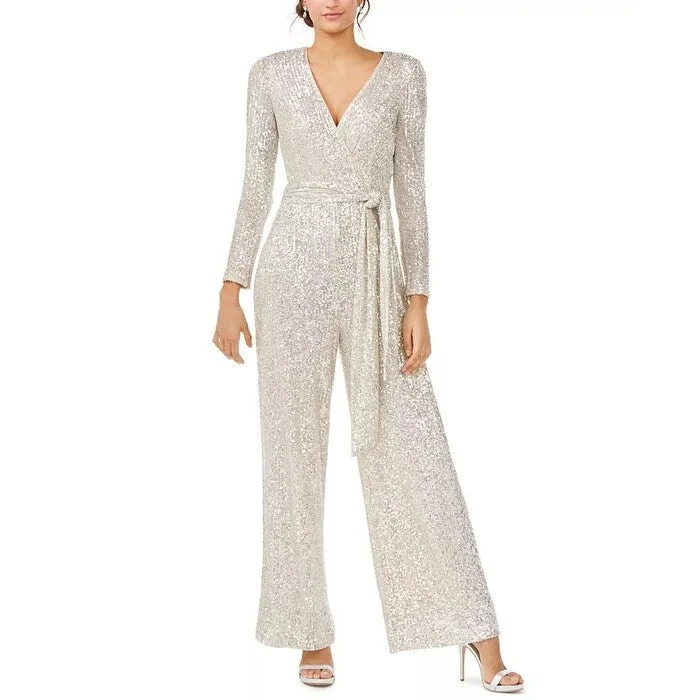 women's jumpsuits made of denimEliza J Women's Sequinned Surplice Jumpsuit Silver Size 4 Petite - 4 Petite