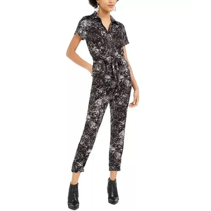 women's jumpsuits with long sleevesBar III Women's Splatter-Print Utility Jumpsuit Black Size X-Small