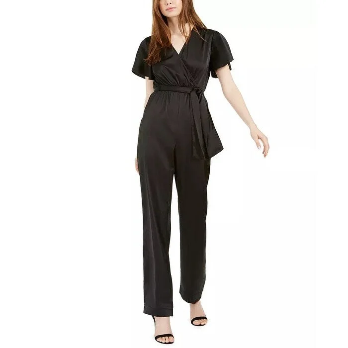 women's jumpsuits for beach outingsKendall + Kylie Women's Faux Wrap Tie Waist Jumpsuit Black Size Large