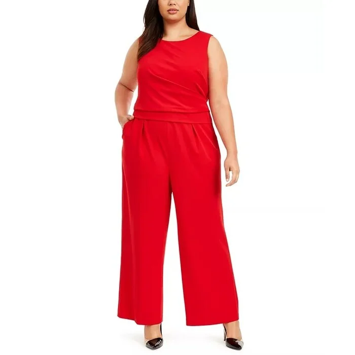 women's jumpsuits for minimalist fashionCalvin Klein Women's Plus Wide Leg Jumpsuit Red Size 18W