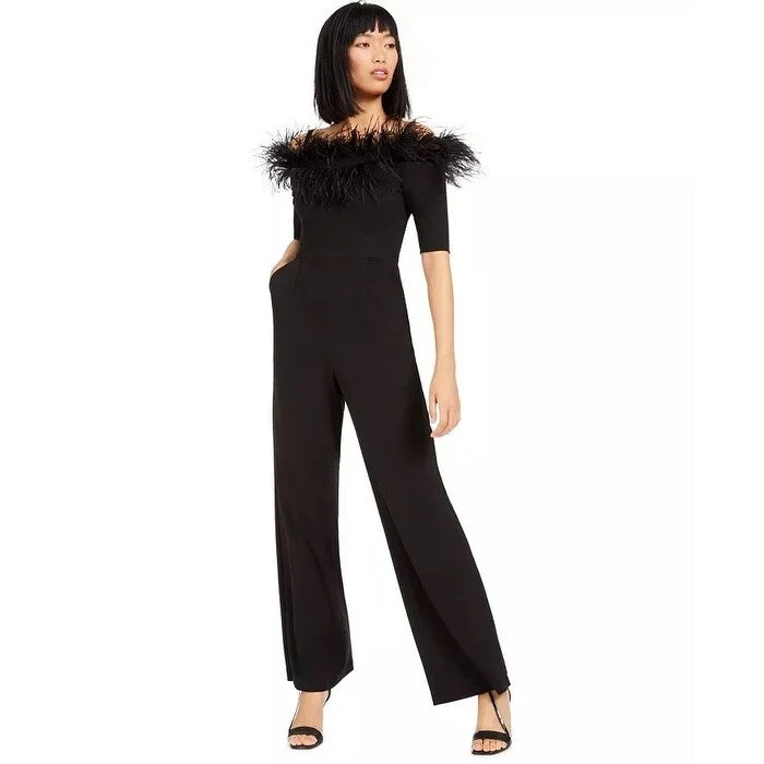 women's fitted jumpsuitsCalvin Klein Women's Off-The-Shoulder Feather Jumpsuit Black Size 10