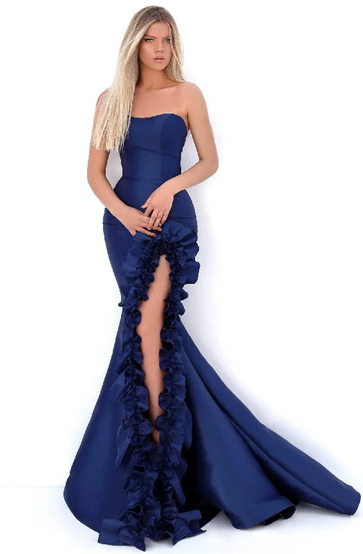 women's easy-to-wear dressesTarik Ediz - Strapless Fitted Evening Gown With Ruffled Slit 50686