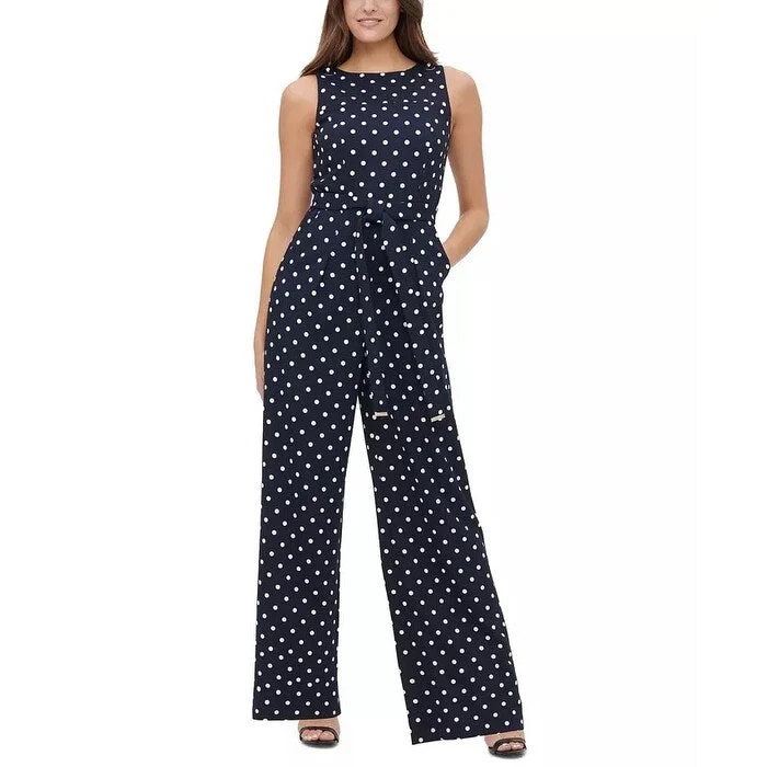 women's cozy jumpsuitsTommy Hilfiger Women's Polka-Dot Tie-Waist Jumpsuit Blue Size 10