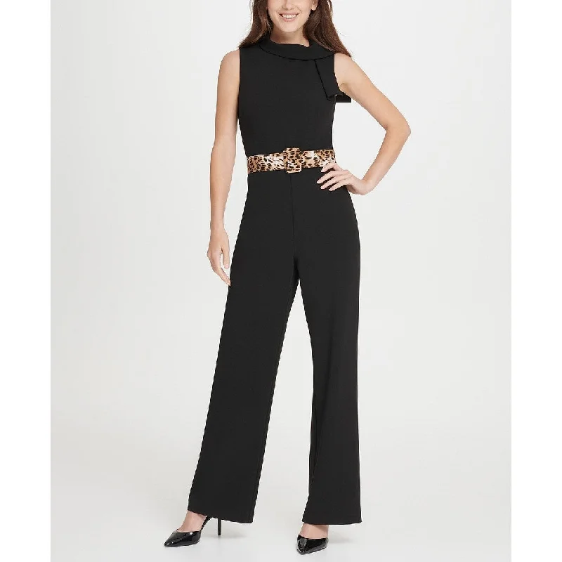 women's jumpsuits with lace detailsDKNY Women's Tie Neck Leopard Belt Jumpsuit Black Size 14