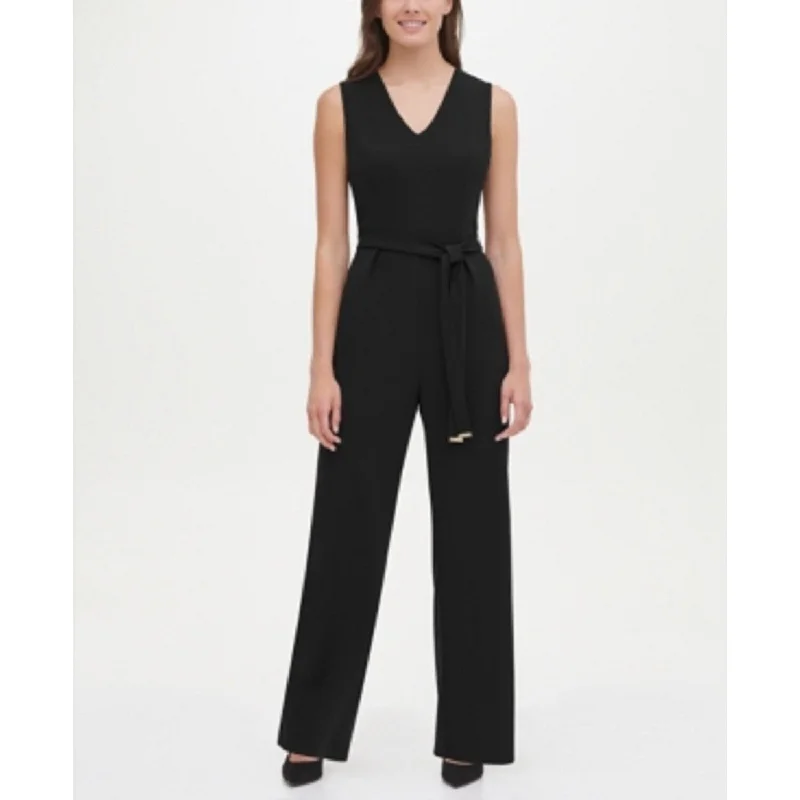 women's jumpsuits with pocketsTommy Hilfiger Women's Belted V-Neck Jumpsuit Black Size 14