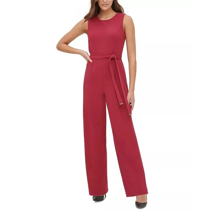 women's jumpsuits with high necksTommy Hilfiger Women's Crepe Belted Jumpsuit Dark Red Size 16