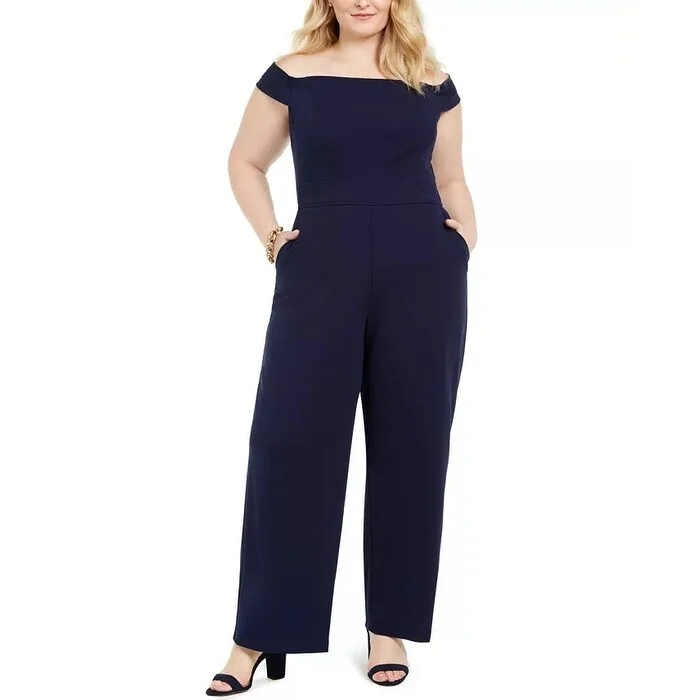 women's cropped jumpsuitsTeeze Me Women's Trendy Plus Off The Shoulder Jumpsuit Navy Size 16