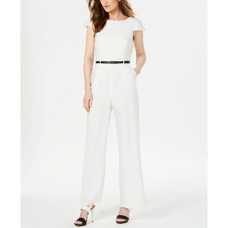 women's jumpsuits for springCalvin Klein Women's Belted Cap-Sleeve Jumpsuit White Size 16