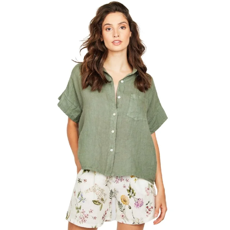 women's tops with unique designsShort Sleeve Linen Blouse (Mediterranean Olive)