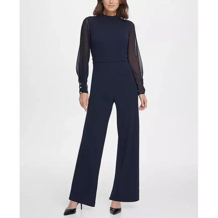 women's jumpsuits for lightweight designsDKNY Women's Chiffon Sleeve Mock Neck Jumpsuit Dark Blue Size 14