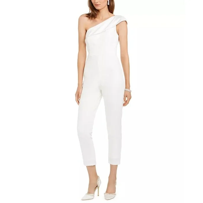 women's jumpsuits for breathable wearAdrianna Papell Women's One Shoulder Knit Crepe Jumpsuit Stretch Charmeuse Neckline Ivory White Size 14