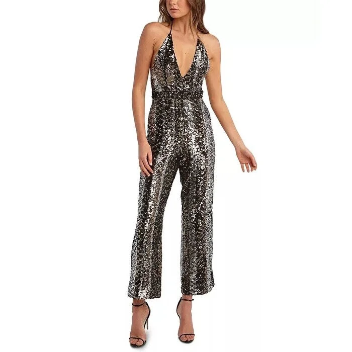 women's jumpsuits with off-the-shoulder necksBardot Women's Halter Disco Sequin Jumpsuit Grey Size Small