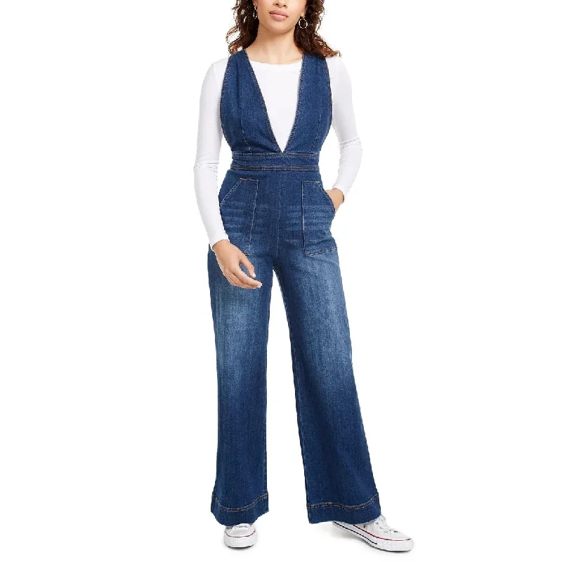 women's jumpsuits with round necksDollhouse Juniors' Sleeveless V-Neck Denim Jumpsuit Navy Size 3