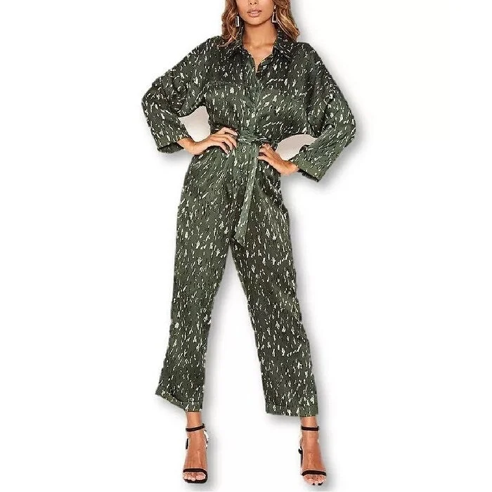 women's jumpsuits with self-ties at the waistAX Paris Women's Printed Button Up Jumpsuit Green Size 10