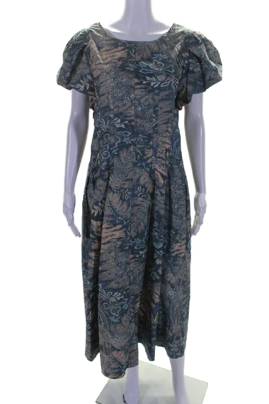 women's shift dressesUlla Johnson Womens Floral Print Darted Zip Puff Sleeve Maxi Dress Blue