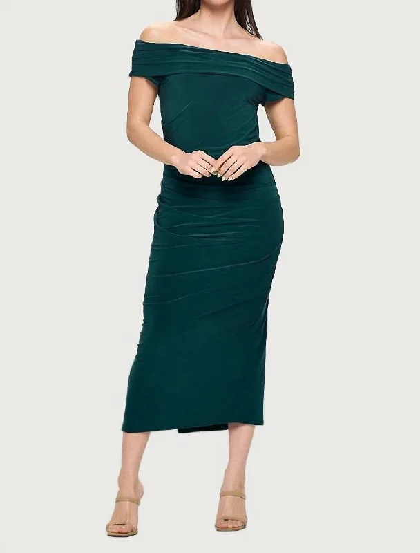 women's ruffle dressesBoat Neck Maxi Dress With Side Slit In Green