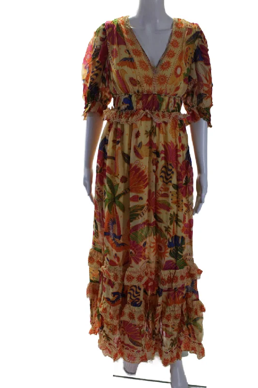 women's short-sleeved dressesFarm Rio Womens V Neck Short Sleeve Floral Maxi Dress Yellow