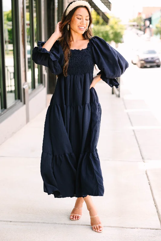 women's vintage dressesMake An Entrance Navy Blue Tiered Midi Dress