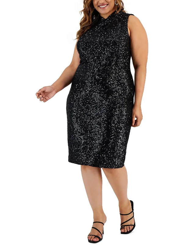 women's body-skimming dressesPlus Womens Sequined Midi Cocktail and Party Dress