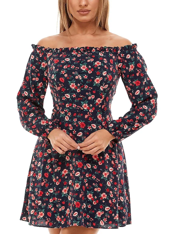 women's cocktail dressesJuniors Womens Floral-Printed Mini Fit & Flare Dress