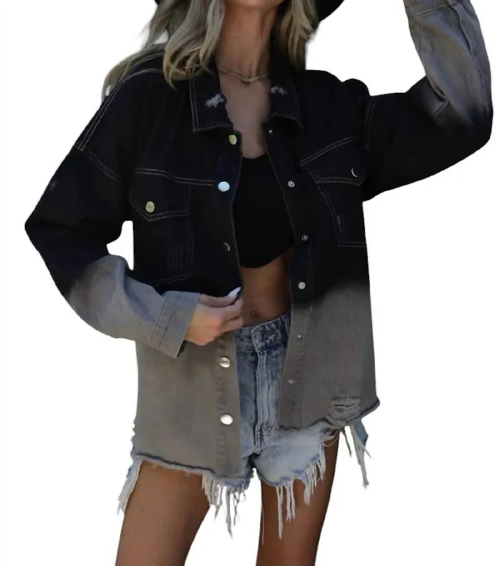 women's coats for black-tie affairsMya Rock & Roll Distress Ombre Denim Jacket In Black