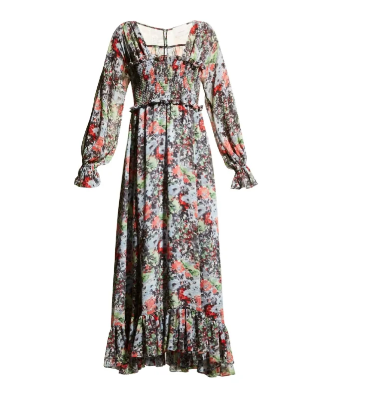 women's flutter-sleeved dressesLeigh Floral Square Neck Long Sleeve Smocked Maxi Length Dress Multi In Floral/multi